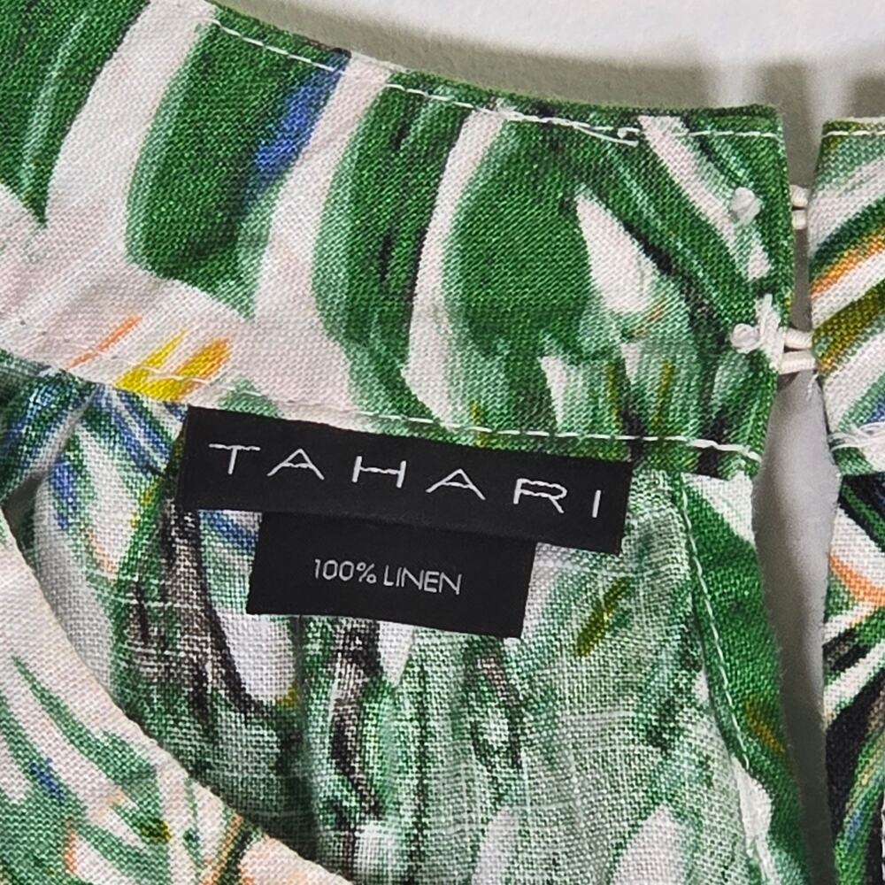 TAHARI 100% LINEN SUNDRESS Size M Coastal Palm Print Tropical Halter Dress - Picture 5 of 9